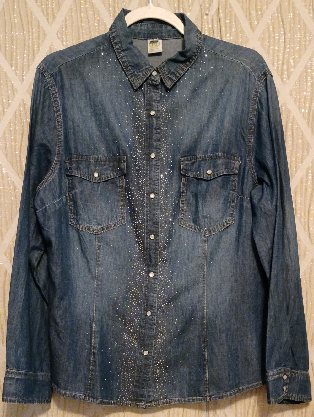 The Ordinary Blue Denim Button-Up Shirt with Crystal Accents